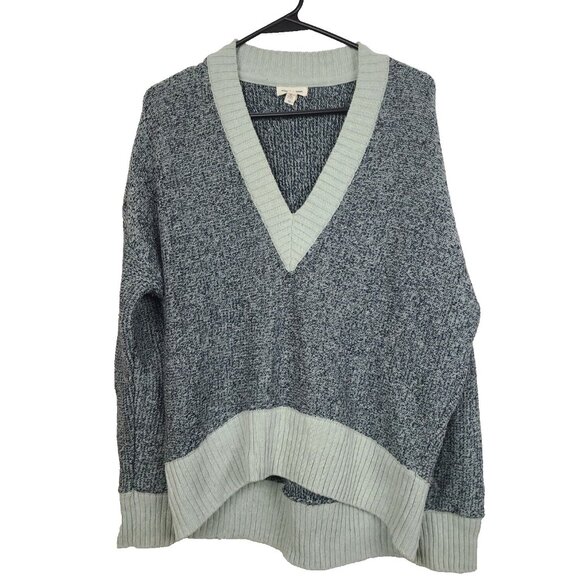 Silence + Noise Womens Oversized Pullover Sweater Medium Gray Mint Green V Neck - Picture 1 of 7